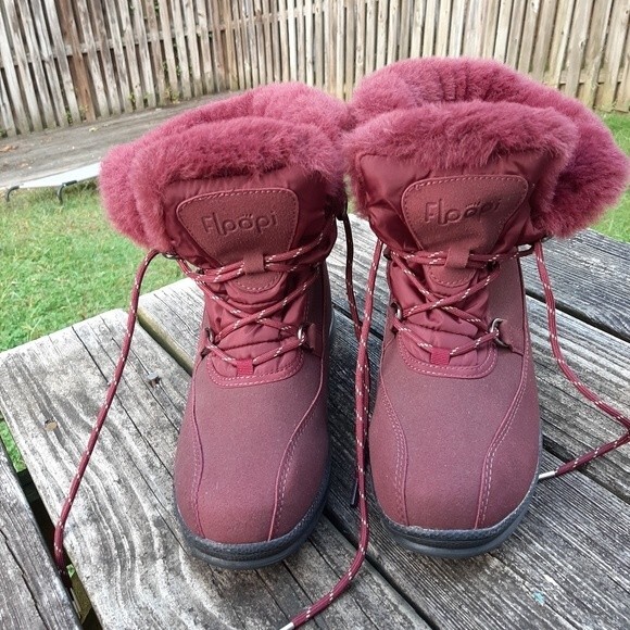Floopi Faux Fur Boots Burgundy Lace-up Winter Shoes Booties Fleece-Lined Size 10 - Picture 13 of 13